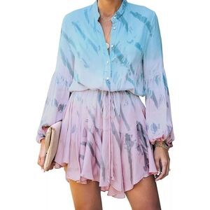 Clarisbelle Blue and Pink Tie Front Sundress with Bishop Sleeves Size XS